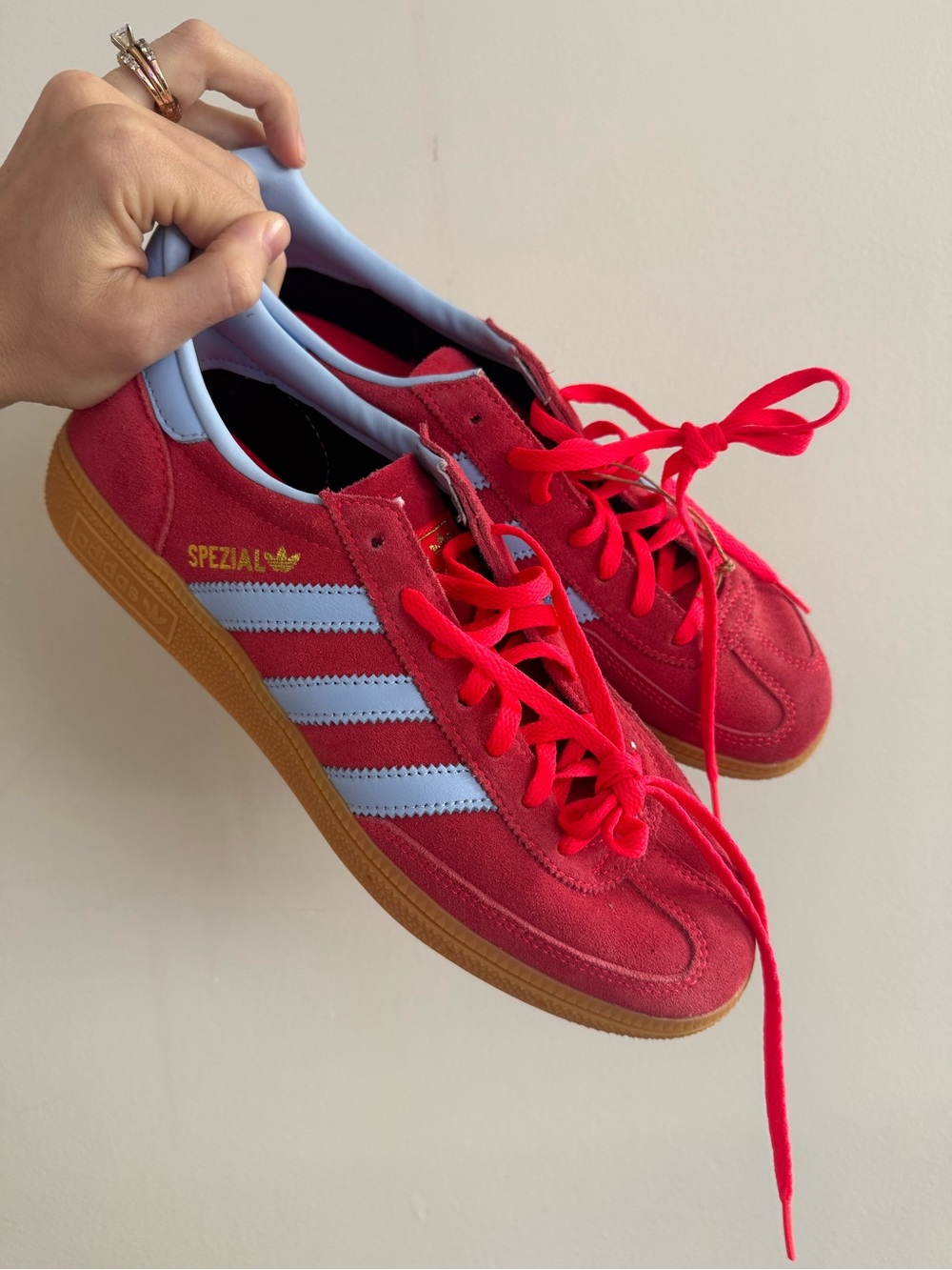 adidas Spezial Women’s Lucid Red Sneakers with Glow Blue stripes and Gum Sole